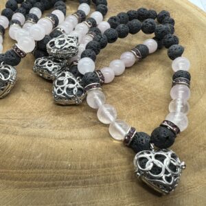 Bracelet en pierre de lave et quartz rose